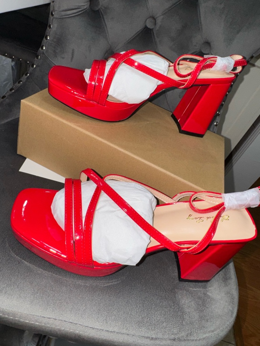 Women’s Red Patent Strappy Block Heel Sandals - Picture 6 of 8